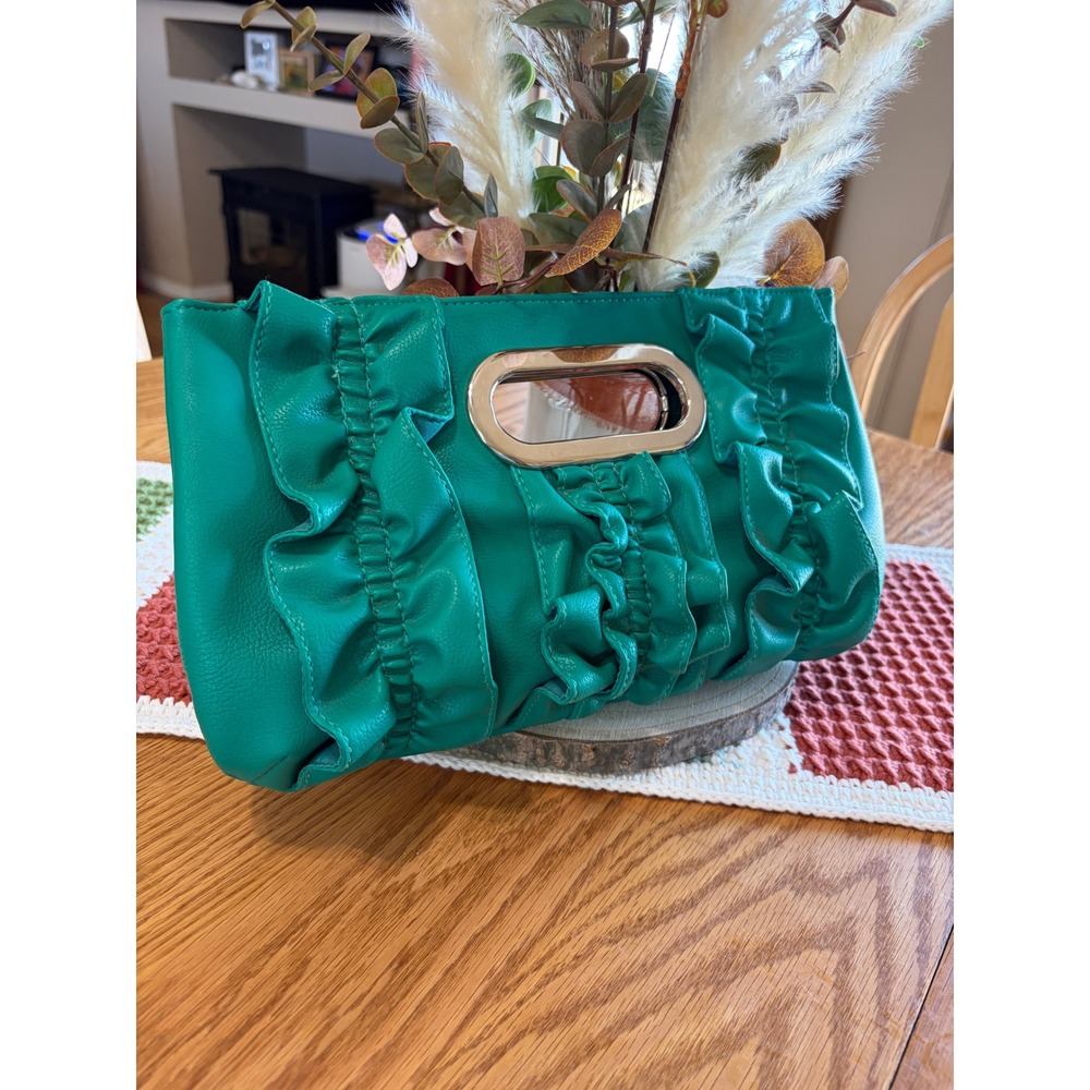 Teal Ruffled Faux Leather Clutch Bag Silver Metal Handle Evening Handbag Green